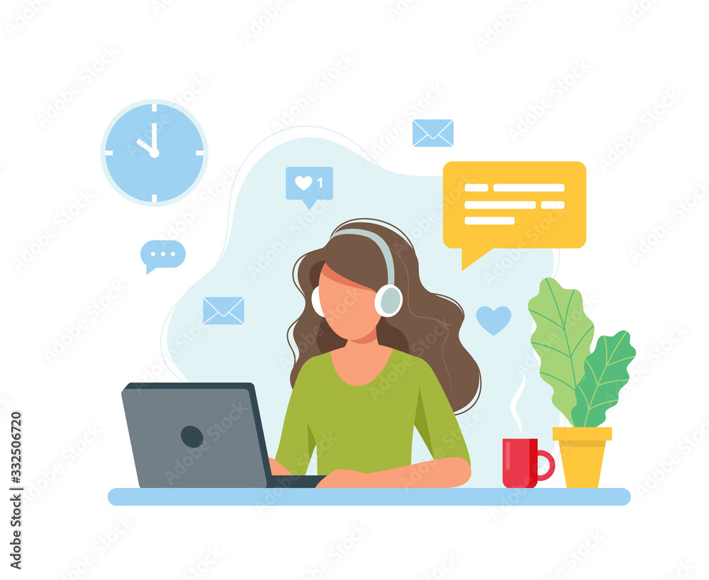 Home office concept, woman working from home, student or freelancer. Cute  vector illustration in flat style Stock Vector | Adobe Stock