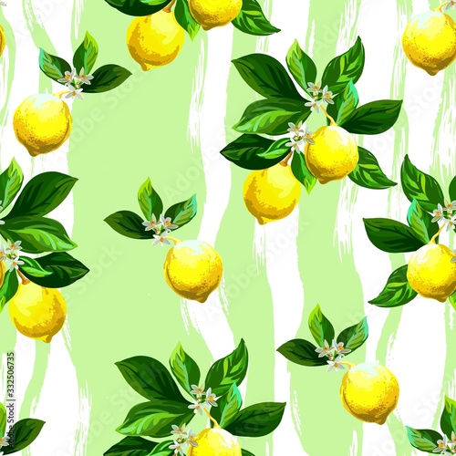Seamless citrus vector pattern on white background. Hand drawn illustration with lemons. Tropical fruit wallpaper.