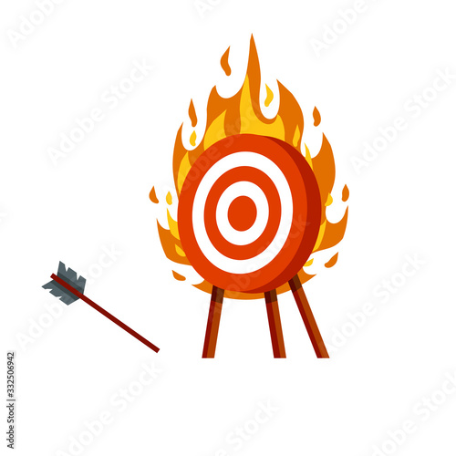 Target for arrows. Hit and miss. Red and white fire aim. Business concept several attempts. Competition and victory. Shooting and championship. Cartoon flat illustration. burning object