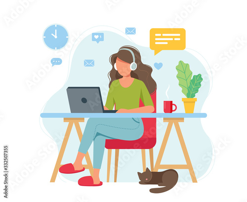 Home office concept, woman working from home, student or freelancer. Cute vector illustration in flat style