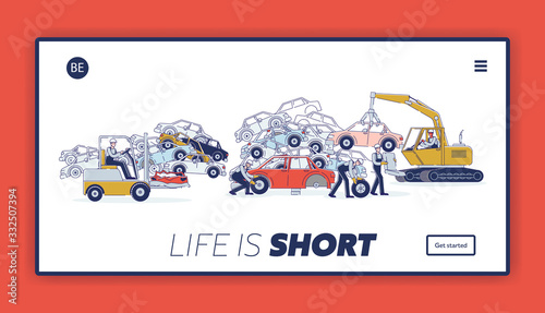 Concept Utilization Of Vehicles. Website Landing Page. Workers Sort On Junkyard Piles Of Damaged Cars Using Junkyard Equipment And Machines. Web Page Cartoon Linear Outline Flat Vector Illustration