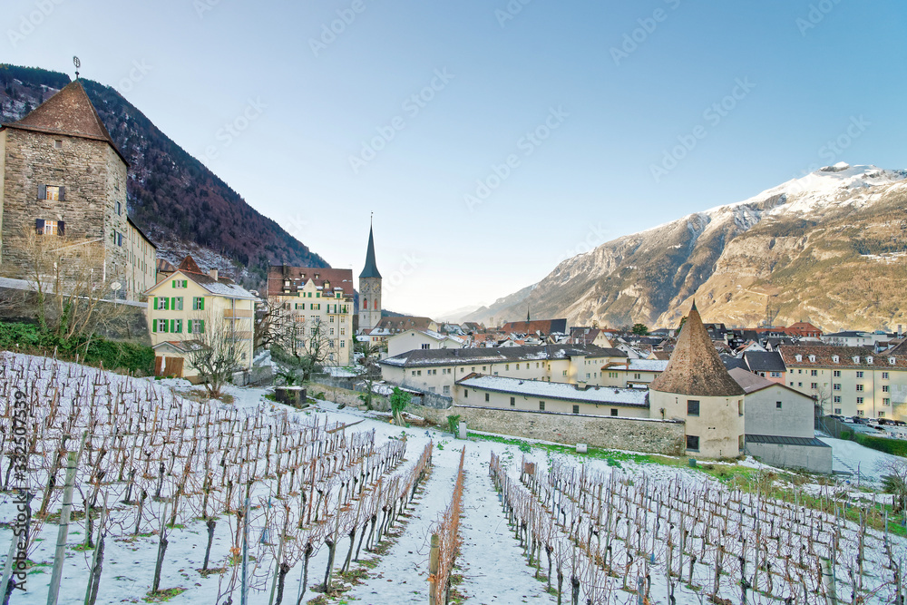 St Martin Church and vineyard of Chur at sunrise
