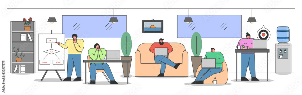 Creative Office Concept. Business People Work In The Office Making Presentation On Whiteboard, Doing Office Job Working On Laptops, Settig Goals. Cartoon Linear Outline Flat Vector Illustration Creative Office Concept. Business People Work In The Office Making Presentation On Whiteboard, Doing Office Job Working On Laptops, Settig Goals. Cartoon Linear Outline Flat Vector Illustration