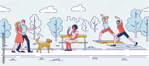 Concept Of Spending Free Time. Happy People Lead Healthy Lifestyle. Characters Are Walking In City Park With Dog, Eating Ice Cream, Doing Yoga. Cartoon Linear Outline Flat Vector Illustration