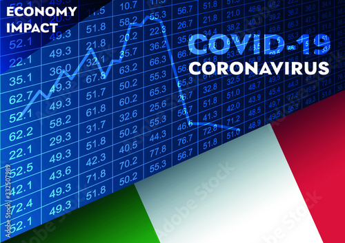 Vector stock market illustration and Italian flag. Changes in the stock market due to a pandemic (coronavirus covid-19). Virus economy impacts.