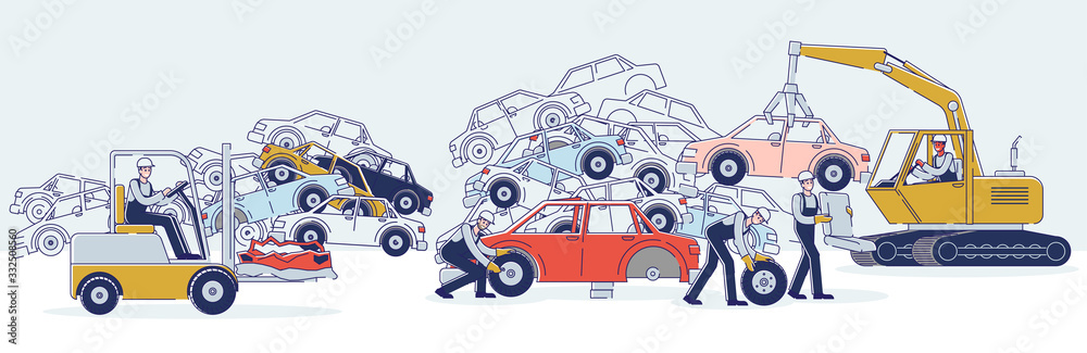 Concept Of Utilization Of Vehicles. Characters Work On Junkyard Sorting Old Used Automobiles And Piles Of Damaged Cars. Characters Dismantling Cars. Cartoon Linear Outline Flat Vector Illustration