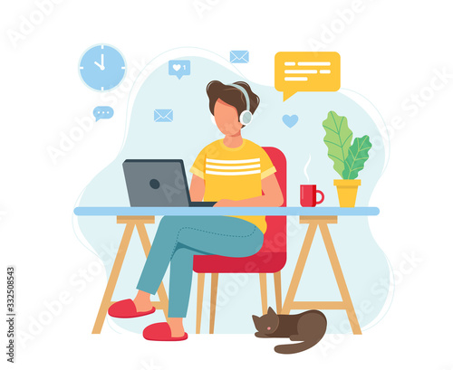 Home office concept, man working from home, student or freelancer. Cute vector illustration in flat style
