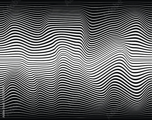Abstract background with optical illusion wave. Black and white horizontal lines with wavy distortion effect for prints, web pages, template, posters, monochrome backgrounds and pattern