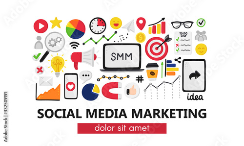 Vector background with smm elements. Social Media Marketing. Reach and promotion among target audience. Landing page, banner, mailing, presentation, header. Advertising for marketers, digital agency photo