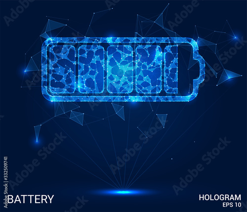 A hologram of the battery. A battery of polygons, triangles , points, and lines. The battery is a low-poly connection structure. The technology concept.