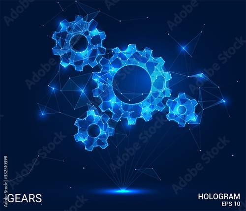 A hologram of a gear. Gears made of polygons, triangles of points, and lines. Gears are low-poly compound structure. The technology concept.