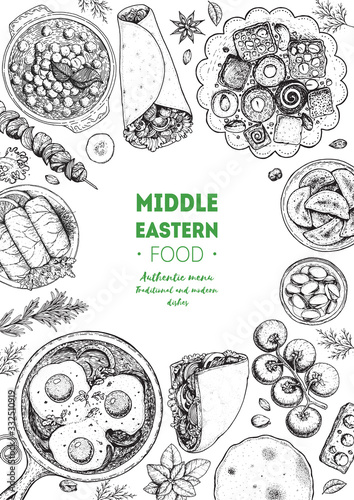 Middle eastern food top view frame. Food menu design with kebab, dolma, hummus, shakshouka and sweets. Vintage hand drawn sketch vector illustration.