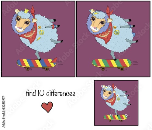  Lamb on a skateboard. Children's educational game find 10 differences.
