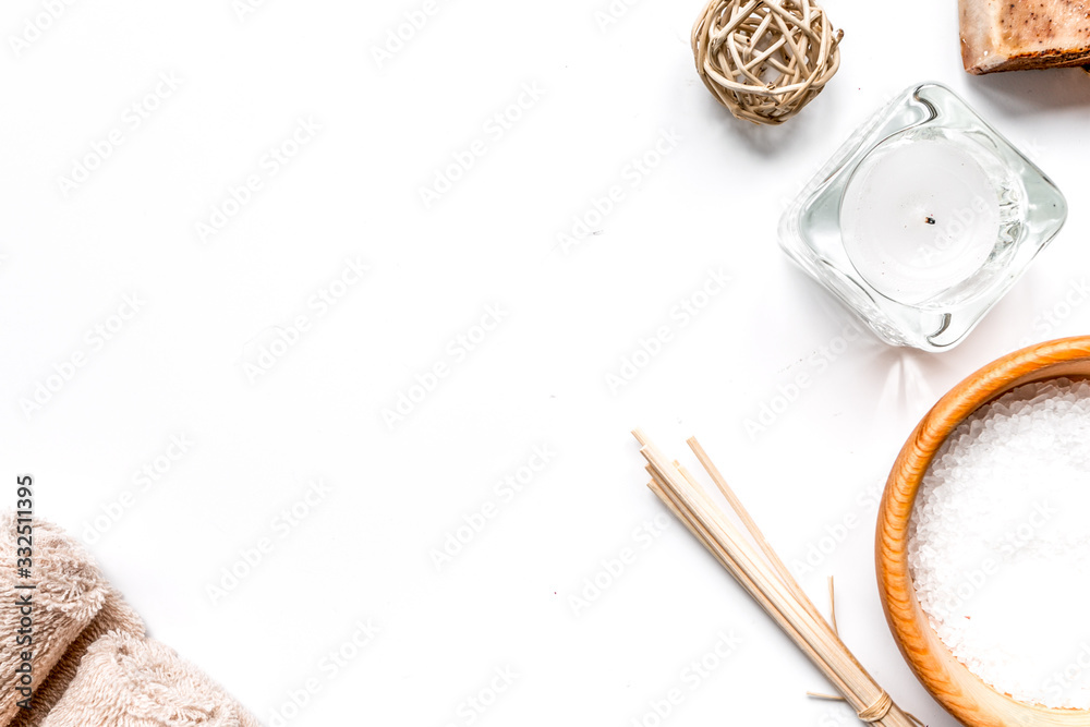 bathroom salt and natural soap for spa on white background top view mock-up bathroom salt and natural soap for spa on white background top view mock-up