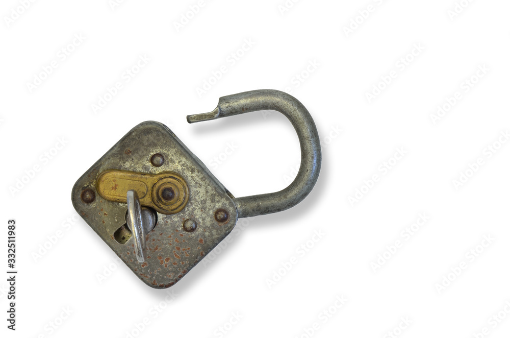 Rusty old Padlock with Key, close up, isolated on white Background Rusty old Padlock with Key, close up, isolated on white Background