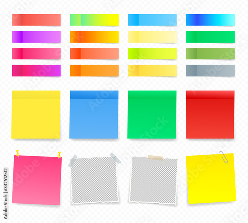 Collection of colorful sticky notes. Vector color sticky tapes with shadow pattern. Paper notes on stickers, notepads and memo messages torn paper sheets. Place any text on it.
