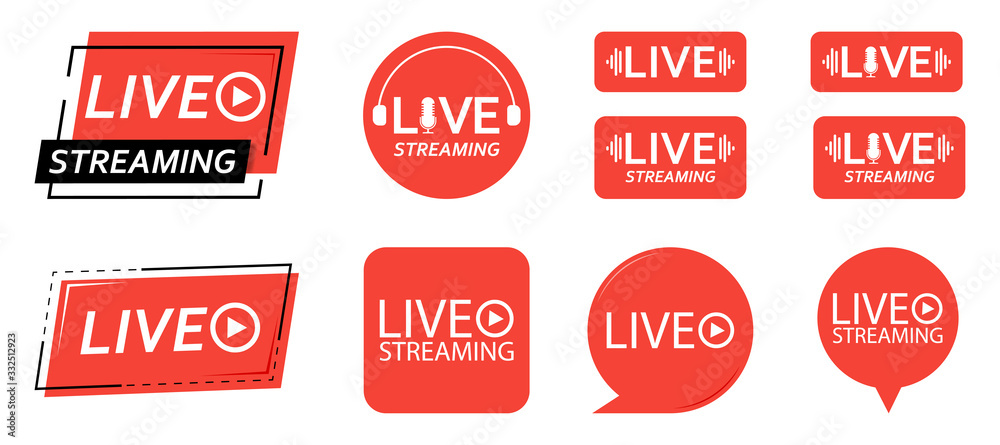 Set of live streaming icons. Red symbols and buttons of live streaming, broadcasting, online stream. third template for tv, shows, movies and live performances. Vector illustration. Set of live streaming icons. Red symbols and buttons of live streaming, broadcasting, online stream. third template for tv, shows, movies and live performances. Vector illustration.