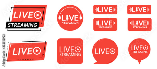 Set of live streaming icons. Red symbols and buttons of live streaming, broadcasting, online stream. third template for tv, shows, movies and live performances. Vector illustration. photo
