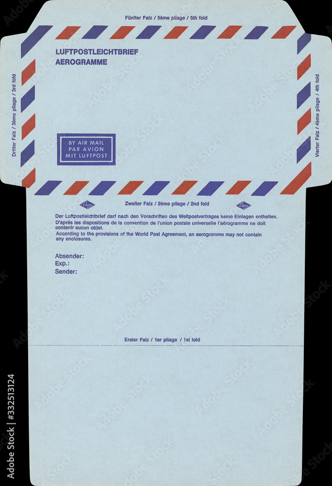 Luftpost airmail vintage retro Umschlag envelope Briefumschlag Aerogramme  old alt Post letter mail Brief blank blanco blau blue rot red Papier Paper  falten Stock Photo | Adobe Stock