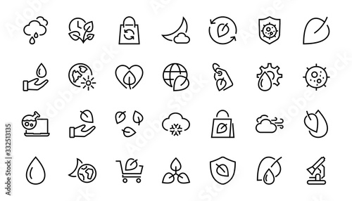 Ecology Icon Set, Vector lines, contains icons such as photosynthesis, Enviroment protection, Eco-friendly package, growth time, Editable stroke, perfect 48x48 pixels, White background