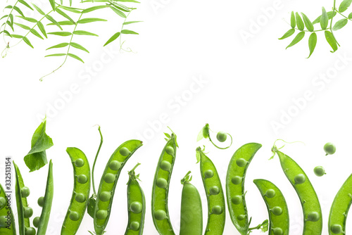 green peas in pods on a white background