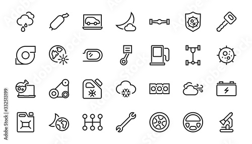 A simple set of car services related vector line icons. Contains icons such as oil, diagnostics, turbine, steering wheel, chassis, gearbox and much more. Editable move. 480x480 On a white background