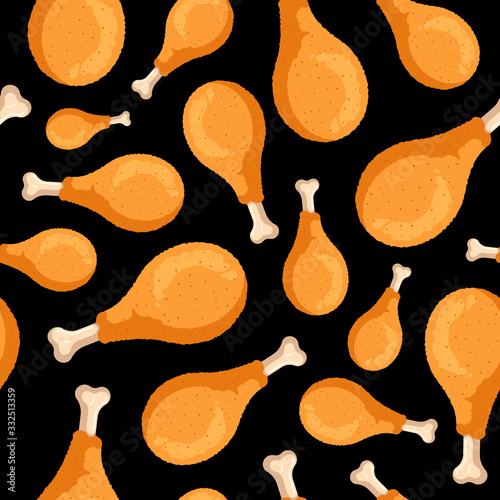 Fried crispy chicken legs seamless pattern on black background. Cartoon fast food drumsticks cooking texture flat vector illustration