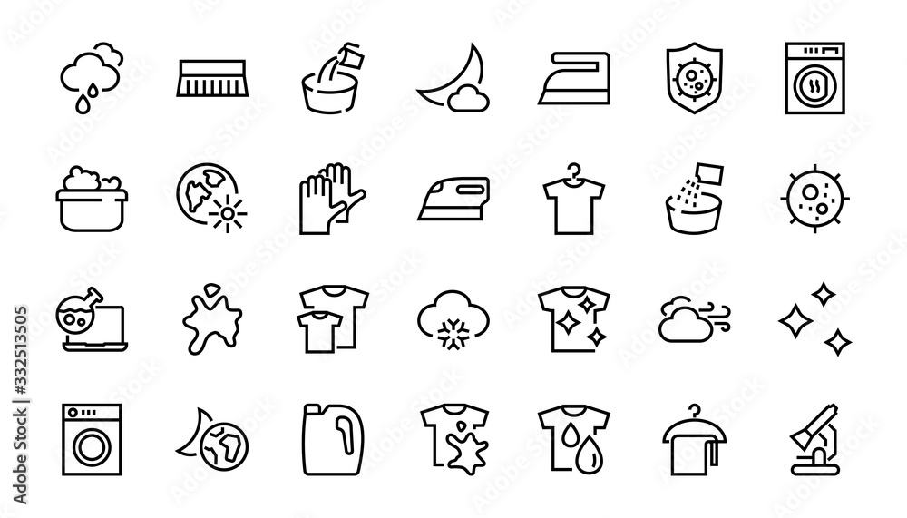 Fototapeta premium Simple set of washing related vector line Icons. Contains icons such as washing machine, powder, laundry, dirty t-shirt and much more. On a white background, editable stroke. 48x48 pixels perfect