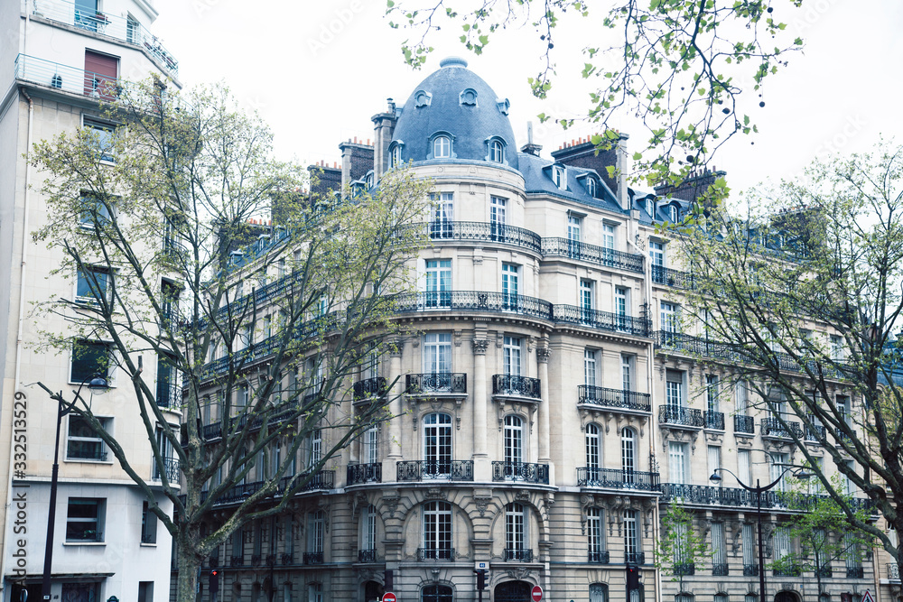 Fototapeta premium houses on french streets of Paris. citylife concept, black balcony lace