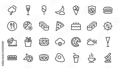   A simple set of fast food icons related to the vector line. Contains icons such as pizza, burger, sushi, bike, scrambled eggs and more. EDITABLE stroke. 480x480 pixels perfect, EPS 10
