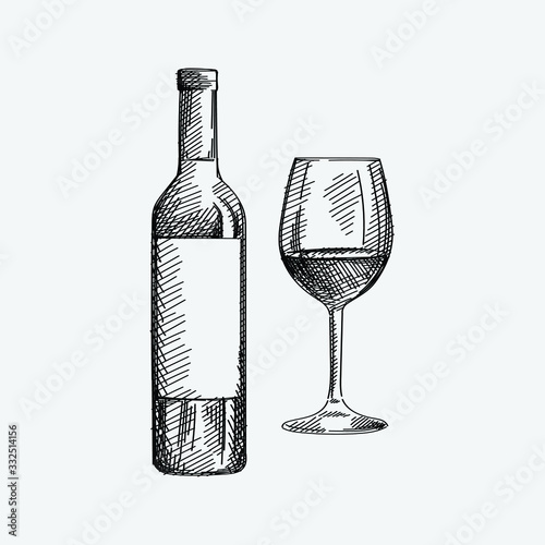 Hand-drawn sketch of a bottle of whine with a glass of wine on a white background. Bottle of red, white, pink wine. Wine glass. Bottle of wine for a picnic