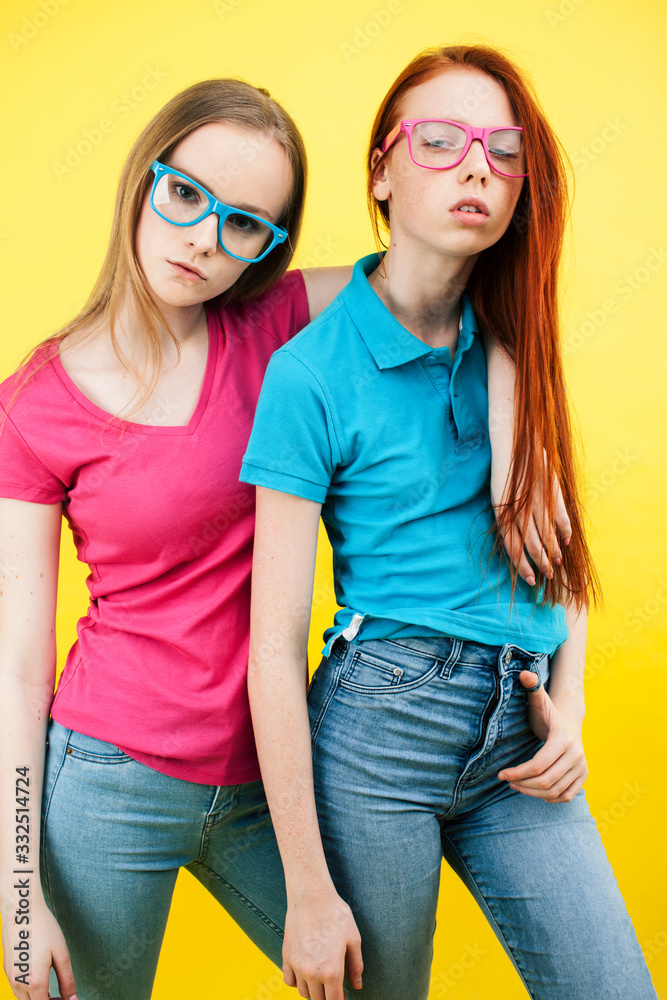 lifestyle people concept: two pretty young school teenage girls having ...