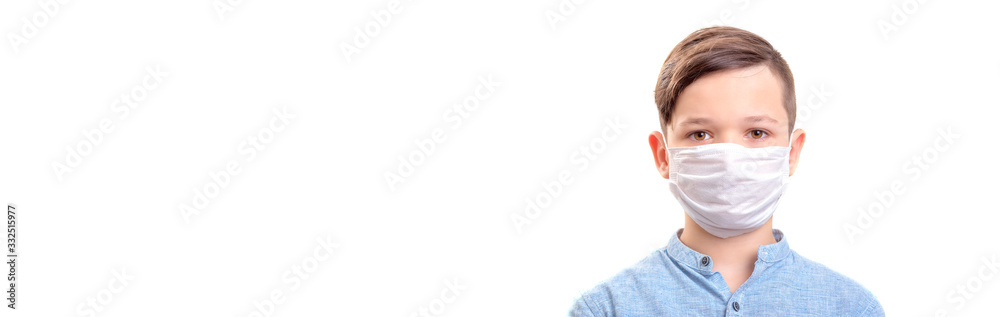 Handsome brunette boy in medicime mouth mask over white background banner Handsome brunette boy in medicime mouth mask over white background banner
