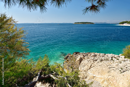 Landscape of blue Adriatic lagoon - view from the boardwalk in Promestein  Dalmatia  Croatia