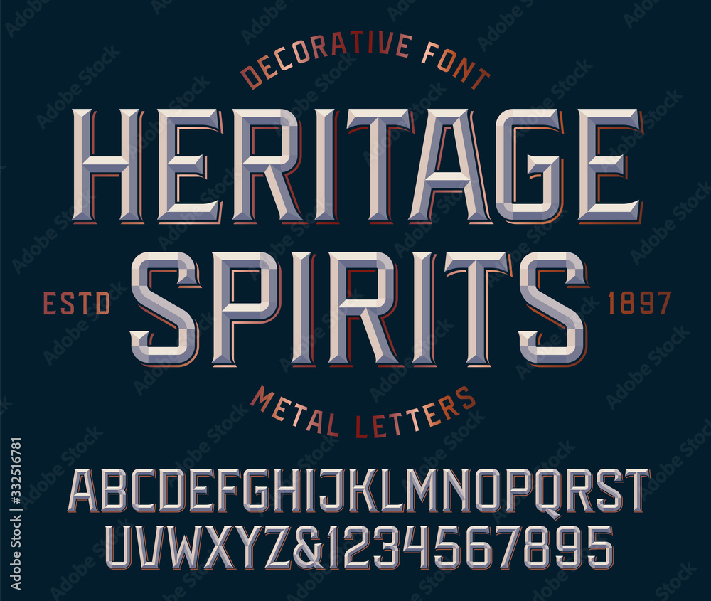 Classic victorian font, metallic beveled alphabet and numbers. Upper case. Vector illustration. - obrazy, fototapety, plakaty 