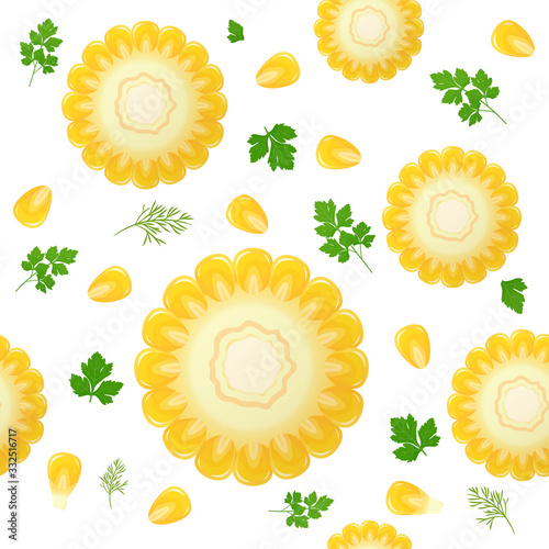 Corn cob, isolated on white background. Ripe corn with parsley leaves. Vector illustration. Seamless pattern.