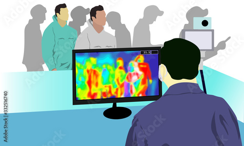 Illustration vector graphic of Health officials check people who come from overseas with a thermal scanner to scan the corona virus or covid-19 virus. vector EPS10. stop virus outbreak concept.