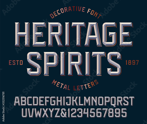 Classic victorian font, metallic beveled alphabet and numbers. Upper case. Vector illustration.