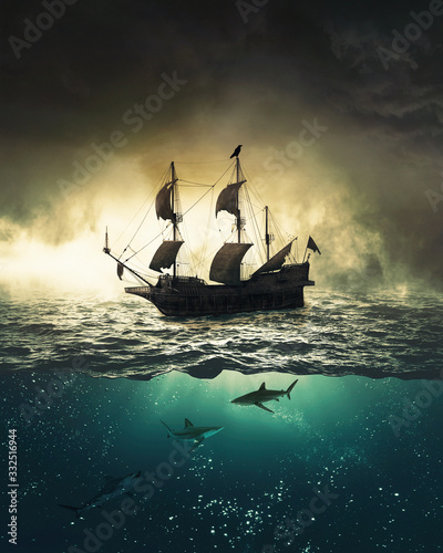 Photo Sailing ship with sharks underwater
