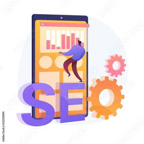 Search engine optimization. Online promotion. Smm manager cartoon character. Mobile settings, tools adjustment, business platform. Website analysis. Vector isolated concept metaphor illustration