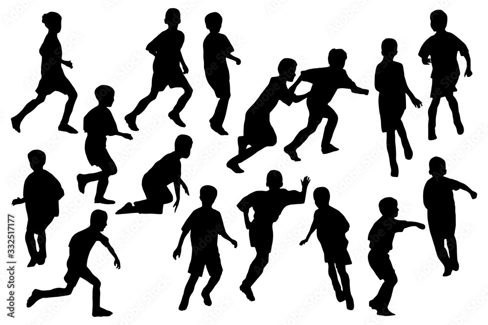 Kids playing football. Boys silhouettes set white isolated
