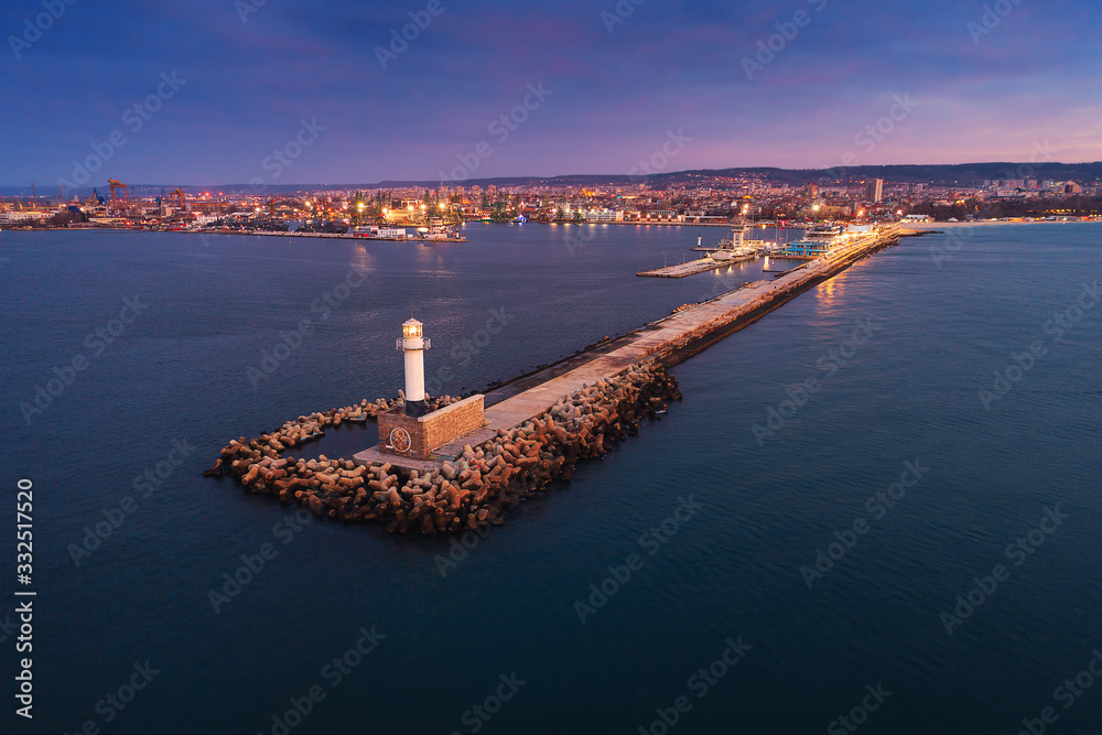 Aerial view of lighthouse at sunrise in Varna, Bulgaria