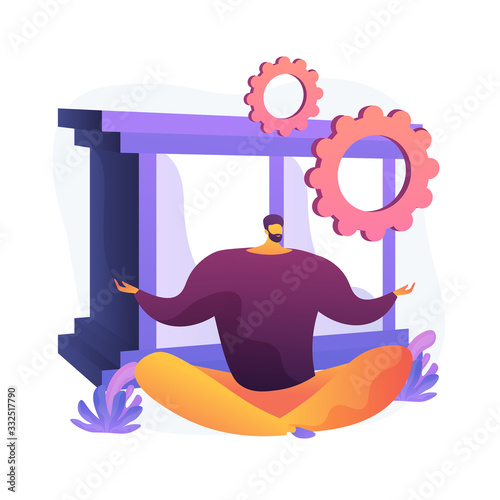 Stress reduction and relieving activity. Man cartoon character sitting in lotus pose. Work and rest balance. Meditation, relaxation, balancing. Vector isolated concept metaphor illustration