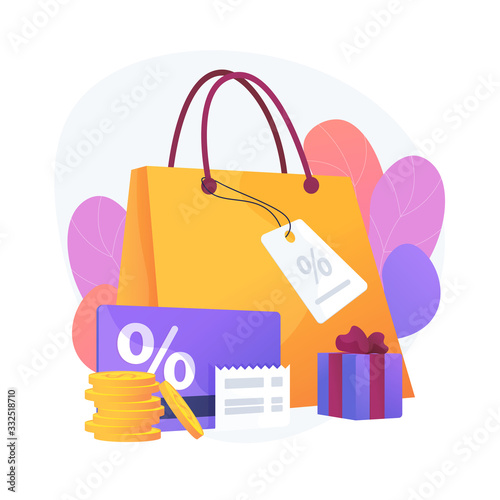 Seasonal sale discounts. Presents purchase, visiting boutiques, luxury shopping. Price reduction promotional coupons, special holiday offers. Vector isolated concept metaphor illustration