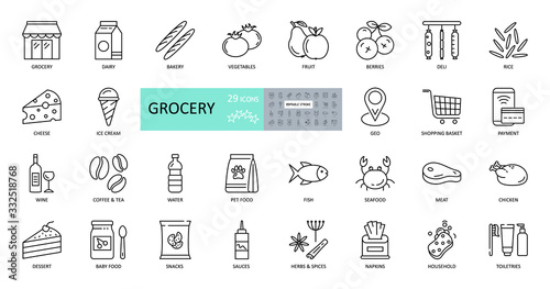 Vector set of 29 grocery icons with editable stroke. Images of the departments of the grocery store, online sales, geo delivery, consumer basket, dairy and meat products, bread, vegetables, fruits