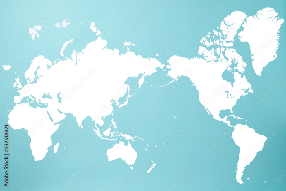 Obraz premium 水色背景に白で書かれた世界地図（アジア中心）