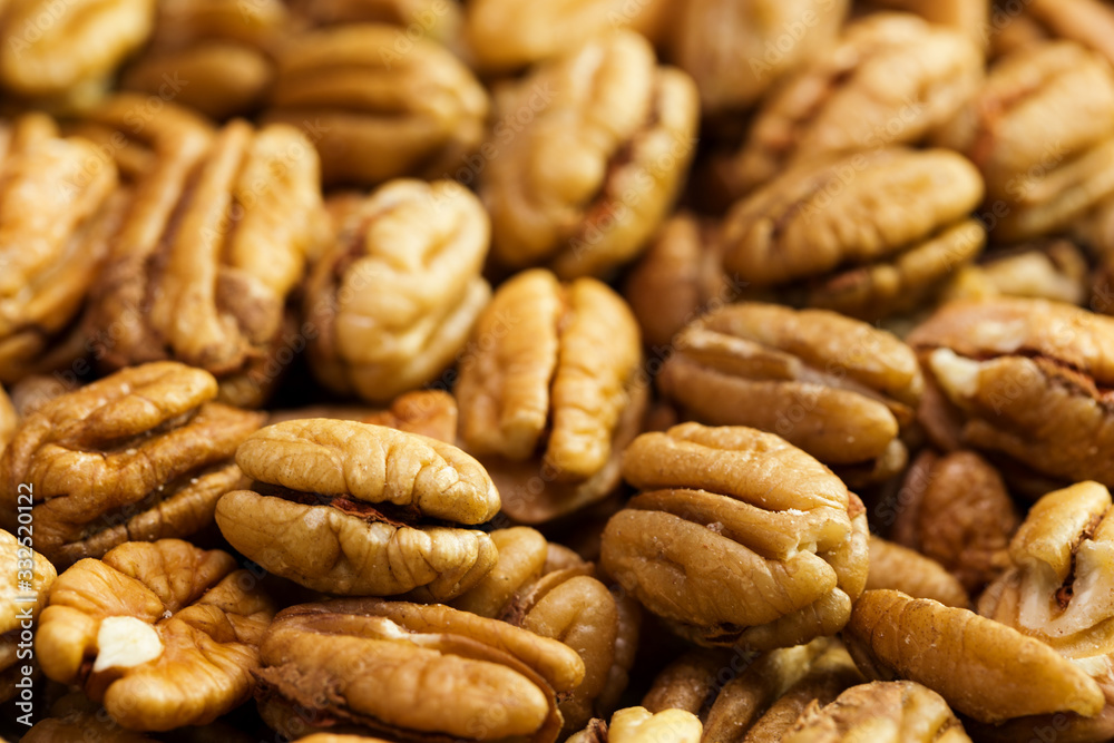 Pecan nuts background. Closeup pekan seeds Pecan nuts background. Closeup pekan seeds