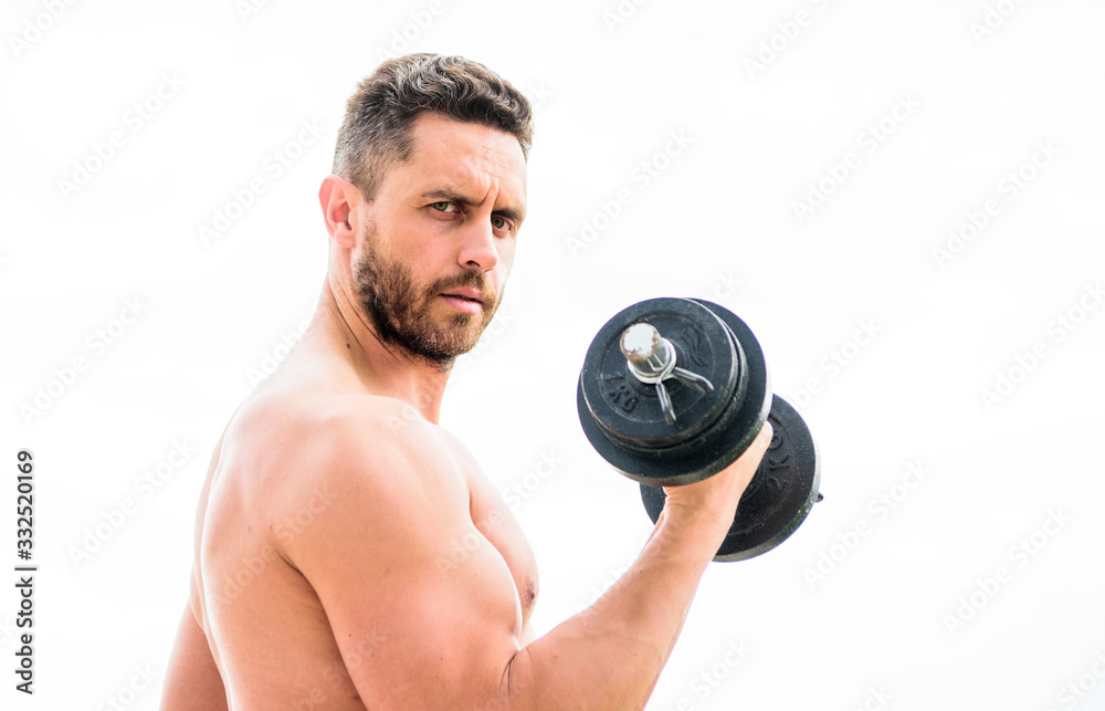 man sportsman with strong hands. steroids. fitness and sport. Muscular man exercising in morning with barbell. athletic body. Dumbbell gym. success. Perfect biceps. Towards the healthier lifestyle
