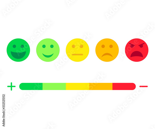 Feedback scale service with emotion icons. Meter emoticons empathy. User experience and feedback. Concept communication with customer. Opinion, evaluation, review rating. Good, bad mood face. Vector