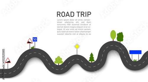 Road trip. 3D navigation and location on trip with signs and trees. Winding way map. Journey for car in highway. Travel on taxi. Infographic for path. Transport traffic route in flat style. Vector